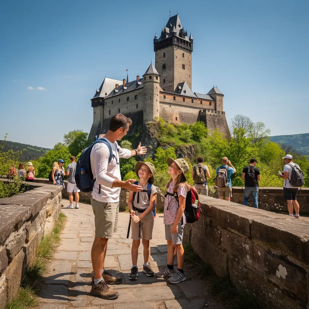 Turisté obdivují krásné výhledy z rozhledny.