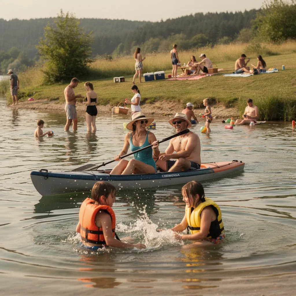 Děti se baví na dětském hřišti u řeky.