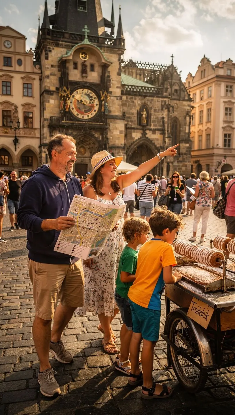 Turisté se zastavují u informačního stánku, aby naplánovali další zastávku.